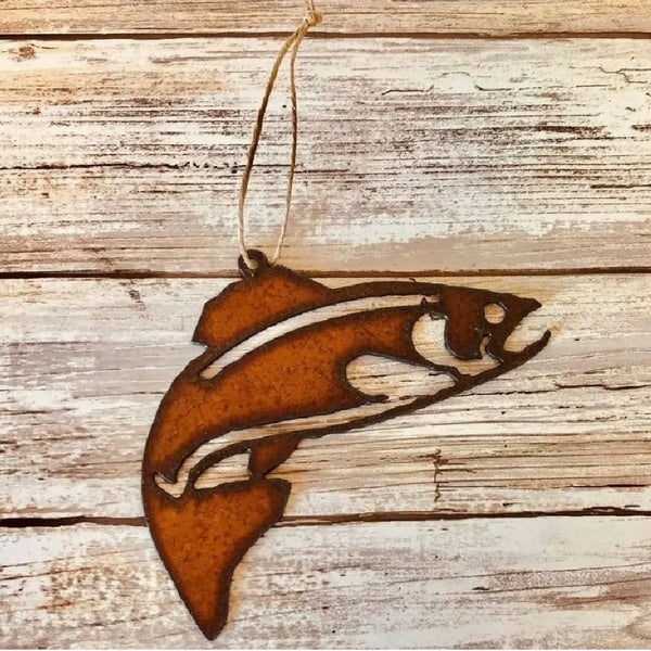 Metallic brown Universal Ironworks Rustic Trout Ornament, on a light wooden background.