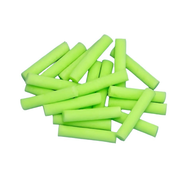 A pile of chartreuse foam veniard brand booby eyes cylinders for fly tying on a white background.