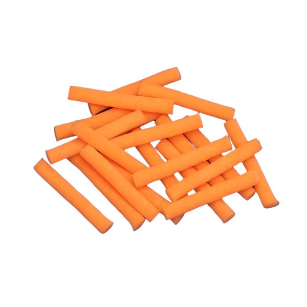 A pile of orange foam veniard brand booby eyes cylinders for fly tying on a white background.