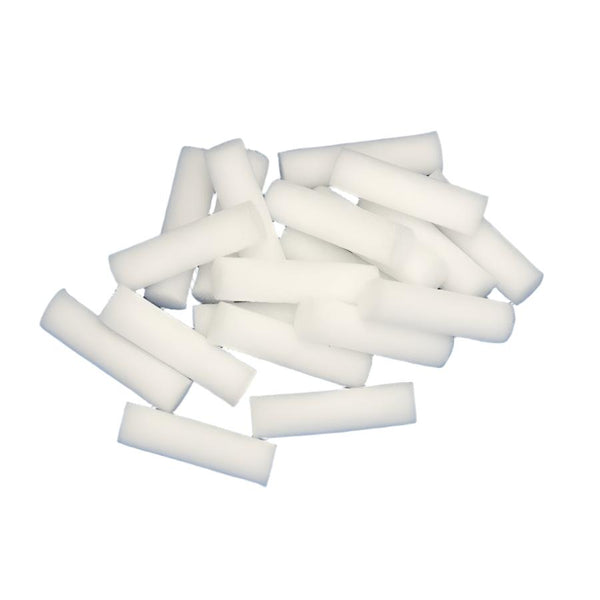 A pile of white foam veniard brand booby eyes cylinders for fly tying on a white background.