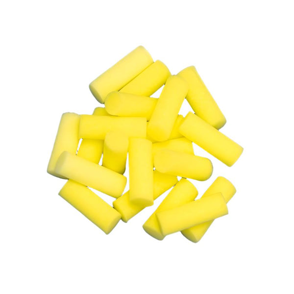 A pile of yellow foam veniard brand booby eyes cylinders for fly tying on a white background.