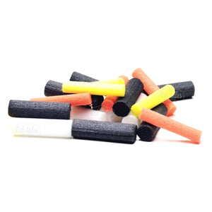 A mixed group of different sizes of Veniard Foam Booby Eyes for fly tying in black, white, yellow and orange, against a white background.