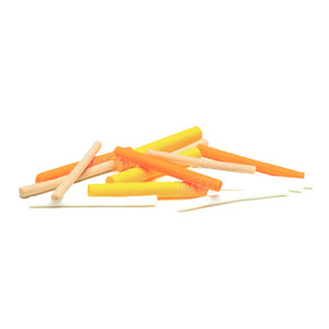 A mixed group of different sizes of Veniard Foam Cylinders for fly tying in white, yellow, tan, and orange, against a white background.