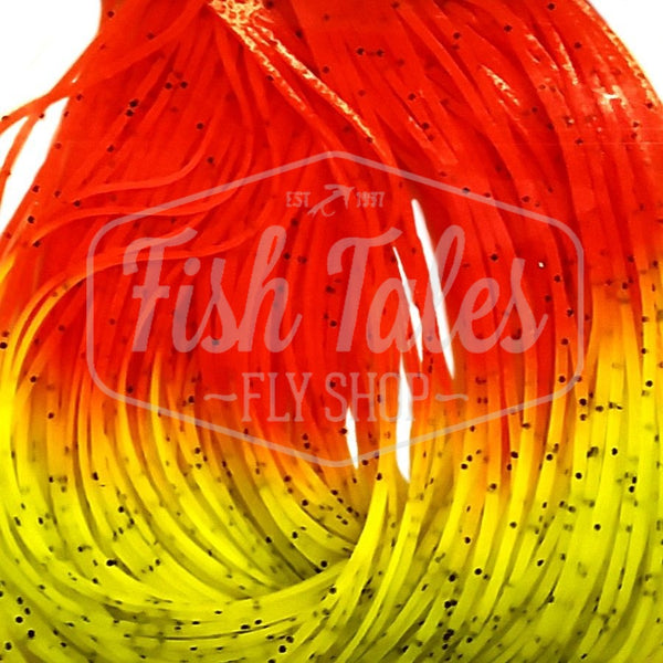 Chartreuse with orange Fire Tip Wapsi Sili Legs for fly tying shown close up on a white background.