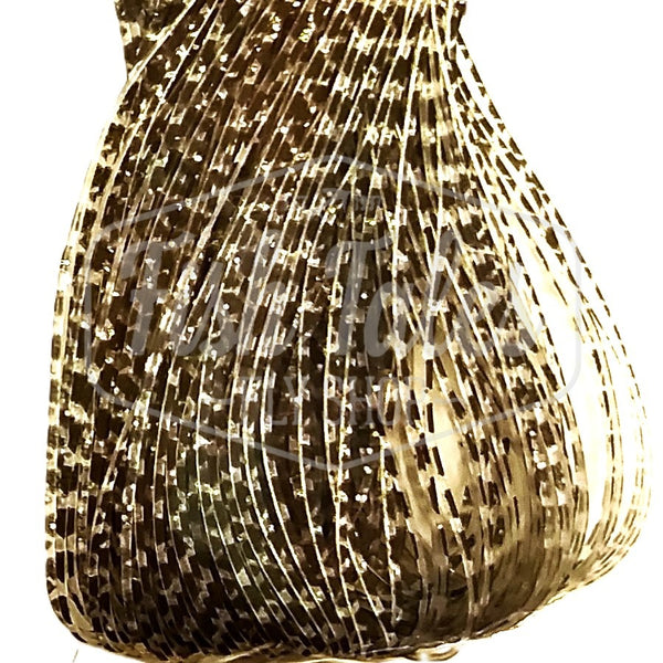 Clear and pearl black Scale Barred Wapsi Sili Legs for fly tying shown close up on a white background.