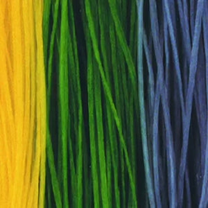 Close up of skeins of various colors of Wapsi Spanflex Floss for fly tying shown laid out next to each other vertically.