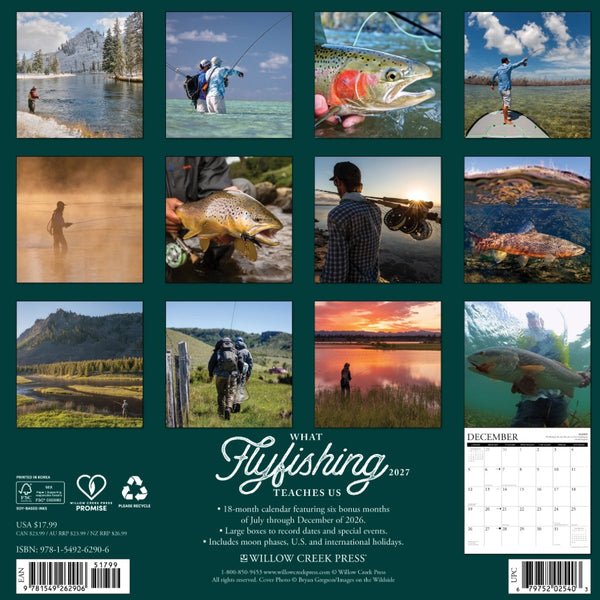 The back cover of a 2027 calendar titled "What Flyfishing Teaches Us," featuring a  grid of photographs from inside the calendar on a green background.