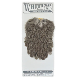 Packaged Whiting Farms Brahma Hen Saddle featuring a mottled grey feather pelt used for fly tying, on a white background.