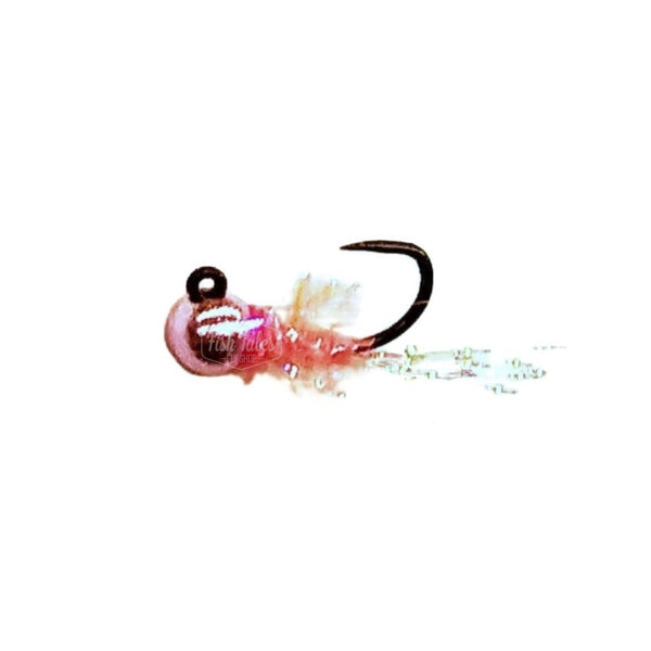 A Will's Chai Tea Jig Nymph fly with a pink bead head, pink synthetic material body and tied on a jig style hook over a white background.