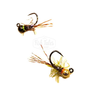 Two Will's Chai Tea Jig Nymph flies in natural colors with bead heads, synthetic material bodies and tied on jig style hooks over a white background.