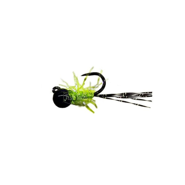 A Will's Chai Tea Jig Nymph fly with a black bead head, chartreuse and black synthetic material body and tied on a jig style hook over a white background.