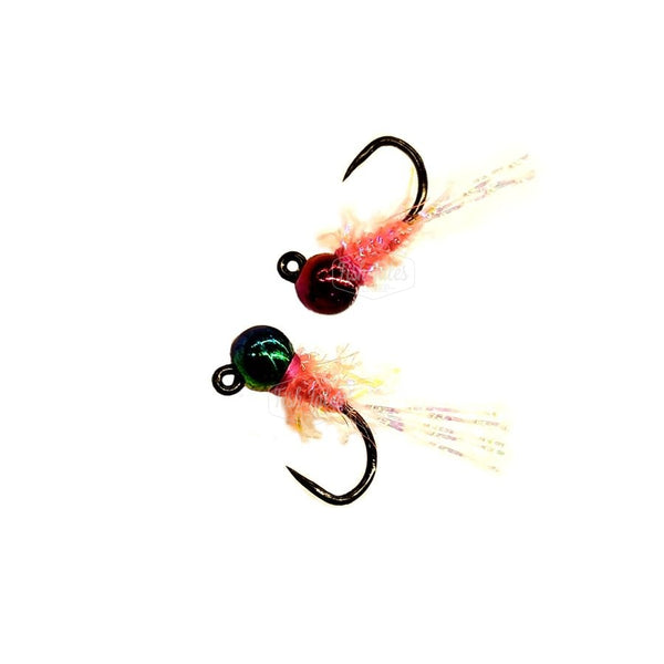 Two Will's Chai Tea Jig Nymph flies with rainbow bead heads, pink synthetic material bodies and tied on jig style hooks over a white background.