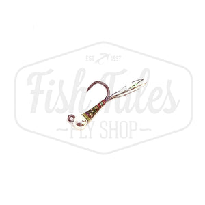 A Will's Flies Kaleidoscope Perdigon Jig Nymph, with a multicolored body, silver bead head, tied on a jig hook and over a white background.