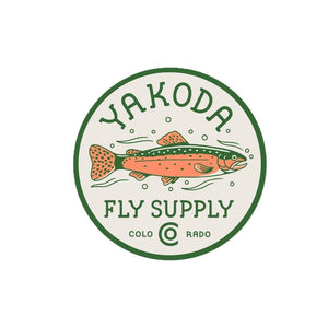 Circular Yakoda Fly Supply sticker with a fish illustration on a white background.