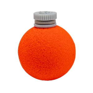 An orange Airlock Strike Indicator, designed for use in fly fishing, on a white background.