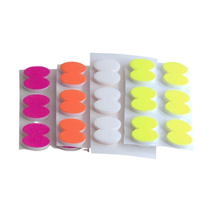 Four colors of Angler's Image stick-on fly fishing indicators on a white background.