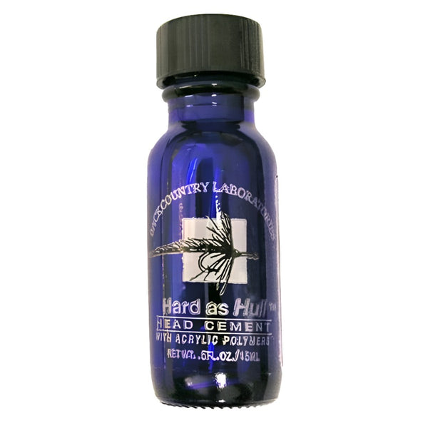 A bottle of Backcountry Labs Hard as Hull Head Cement with a label featuring a fishing fly illustration, over a white background.