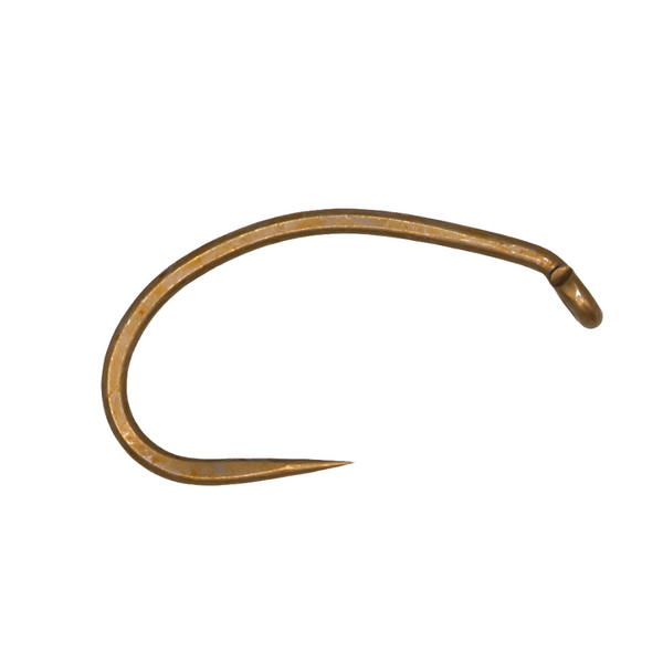 a single daiichi 1920 matte bronze select series barbless scud hook on a white background