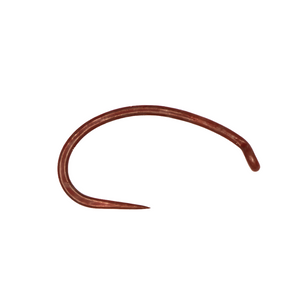 a single daiichi 1925 matte brown select series barbless scud hook on a white background