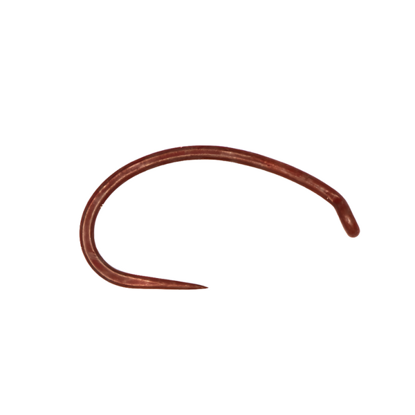 a single daiichi 1925 matte brown select series barbless scud hook on a white background