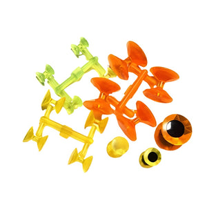 A collection of brightly colored Diamond Fish Eyes for fly tying including yellow, green, and orange, over a white background.