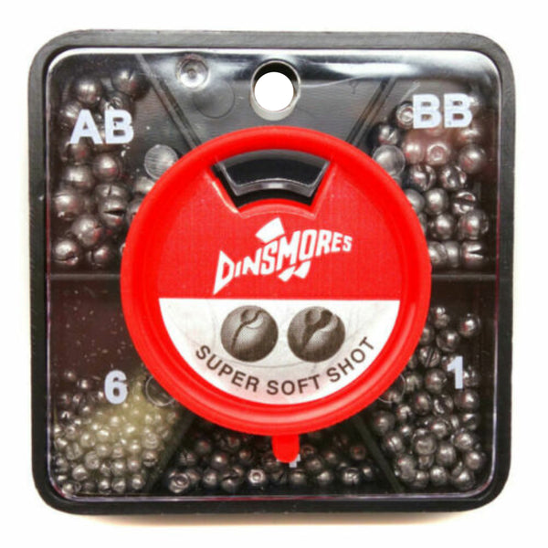 A red Dinsmore five compartment lead dispenser, with AB, BB, 1, 4, and 6 size split shot on a white background.