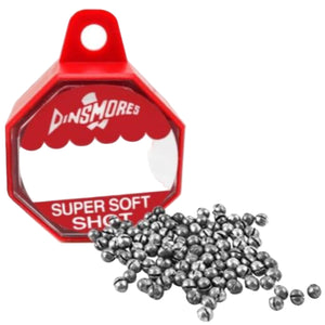 Dinsmore Lead Split Shot packaging with a bunch of uniformly sized lead shot in front, on a white background.