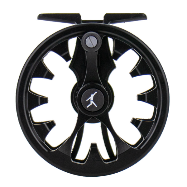 A black Echo Shadow Click Reel showing the handle on the large arbor spool over a white background.