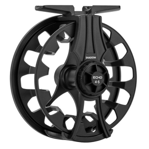 A black Echo Shadow Click Reel with a large arbor spool design for fast line pickup and a clicker drag system, over a white background.