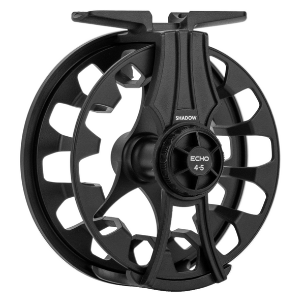 A black Echo Shadow Click Reel with a large arbor spool design for fast line pickup and a clicker drag system, over a white background.