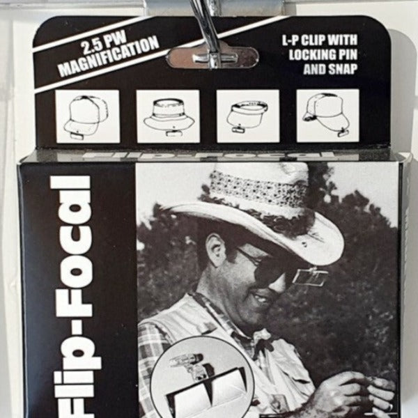 Close up of packaging for the Flip-Focal Magnifiers for fly fishing, on a white background.