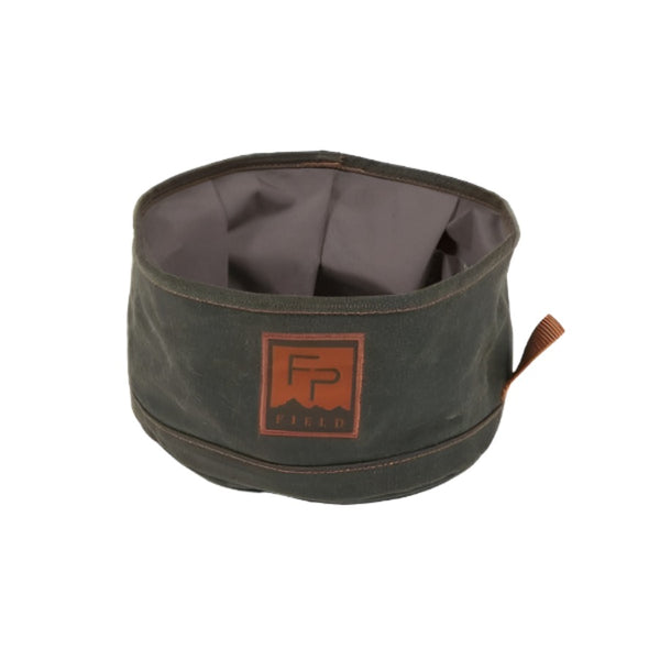 The Fishpond Bow Wow Travel Water Bowl in the peat moss colored waxed cotton fabric, on a white background.