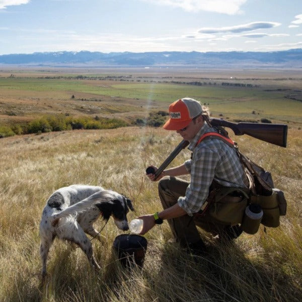 Person wearing hunting attire in a grassy field pouring water into the Fishpond Bow Wow Water Bowl in the peat moss color for a setter dog on a sunny day.