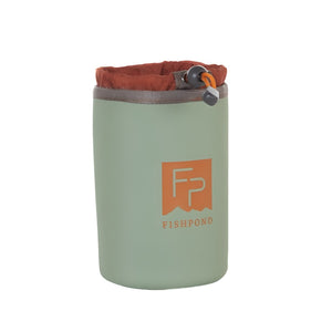 A yucca green Fishpond Thunderhead Water Bottle Holder with a drawstring cinch cord, orange interior, and logo on front, against a white background.