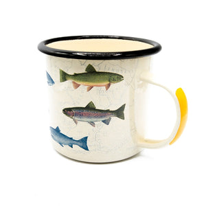 a single white enamel mug with black rim and trout varieties printed on a white background