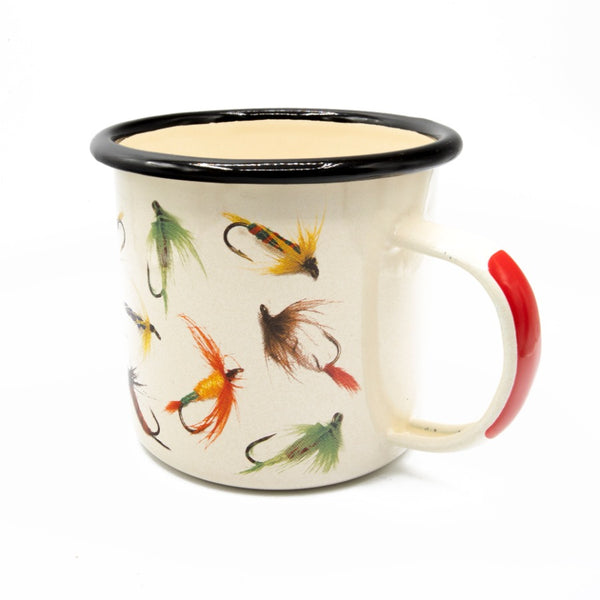 a single white enamel mug with black rim and various flies printed on a white background