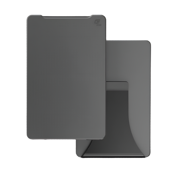 Front and back view of the groove life gunmetal grey groove wallet overlapped on a white background.