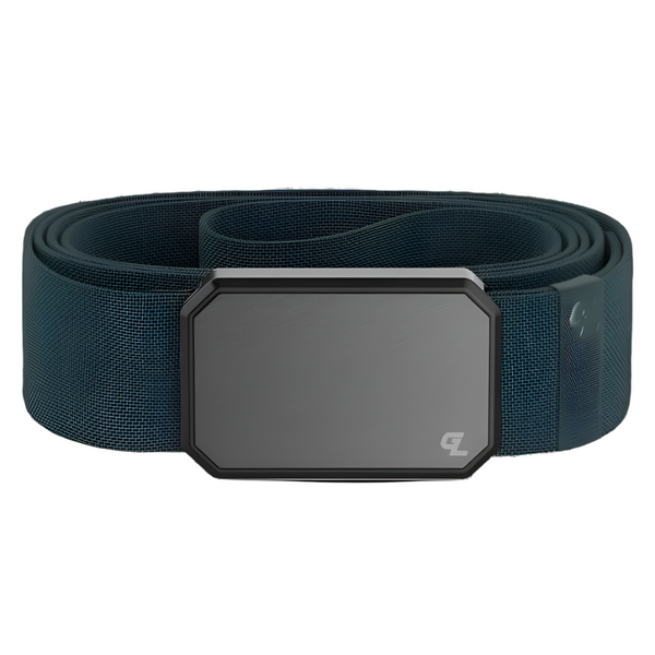 A single anchor blue groove life belt with a gunmetal grey buckle on a white background.