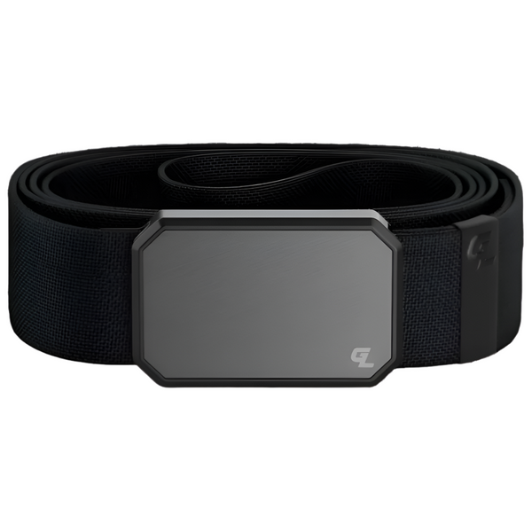 A single black groove life belt with a gunmetal grey buckle on a white background.