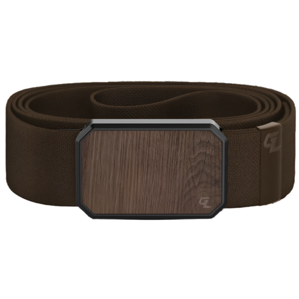 A single brown groove life belt with a walnut buckle on a white background.
