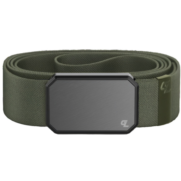 A single olive green groove life belt with a gunmetal grey buckle on a white background.