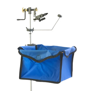 griffin collect all fly tying waste basket in blue attached to a fly tying vise stem on white background