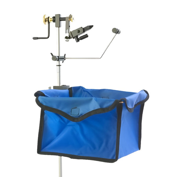 griffin collect all fly tying waste basket in blue attached to a fly tying vise stem on white background