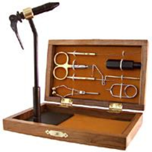 A wooden box containing a Terra fly tying vise and 8 essential fly tying tools, on a white background. 