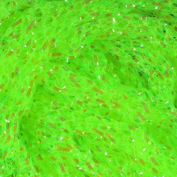 Close up of fluorescent chartreuse Hareline Dyed Pearl Diamond Braid. 