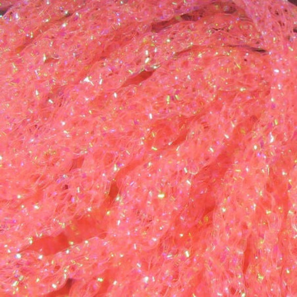 Close up of fluorescent shrimp pink Hareline Dyed Pearl Diamond Braid. 