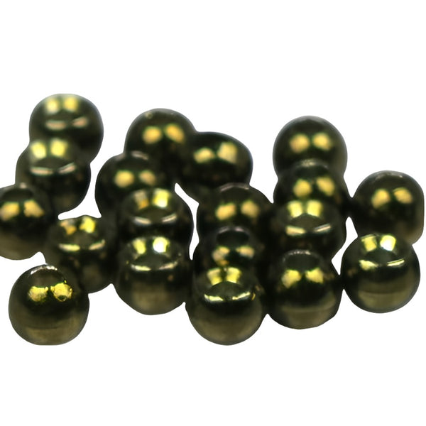 A large group of metallic olive cyclops tungsten beads for fly tying on a white background.