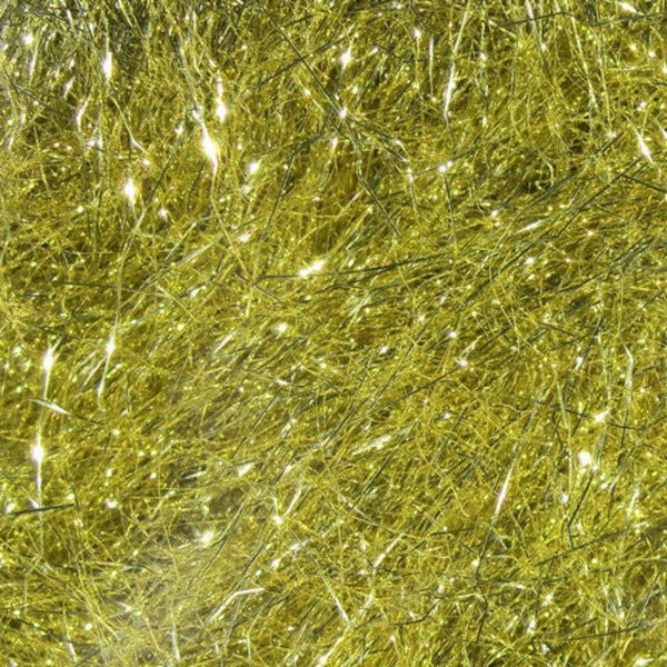 A close-up image of gold Hareline Ripple Ice Dub for fly tying, showing the mix of fine strands and characteristically crinkled strands.