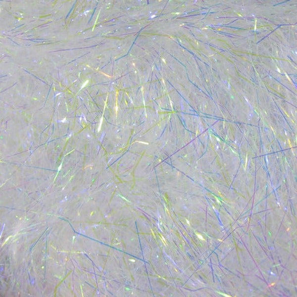 A close-up image of mother of pearl Hareline Ripple Ice Dub for fly tying, showing the mix of fine strands and characteristically crinkled strands.