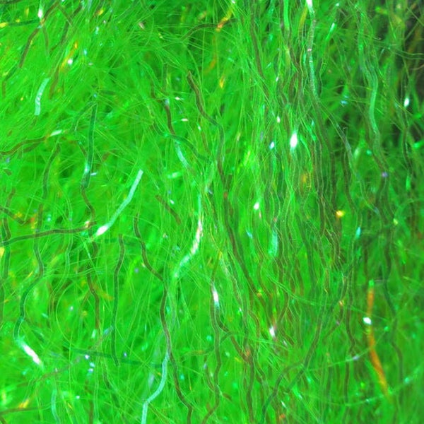 A close-up image of chartreuse Hareline Ripple Ice Fiber, showing the shiny and characteristically crinkled strands.